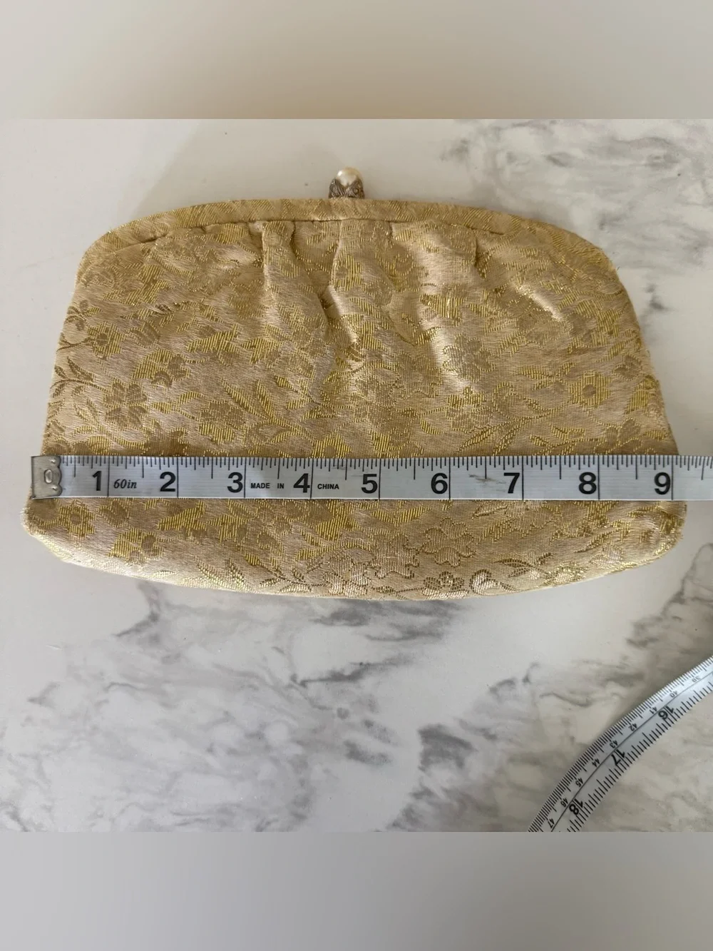 Gold Jacquard Pearl-Clasp Evening Clutch